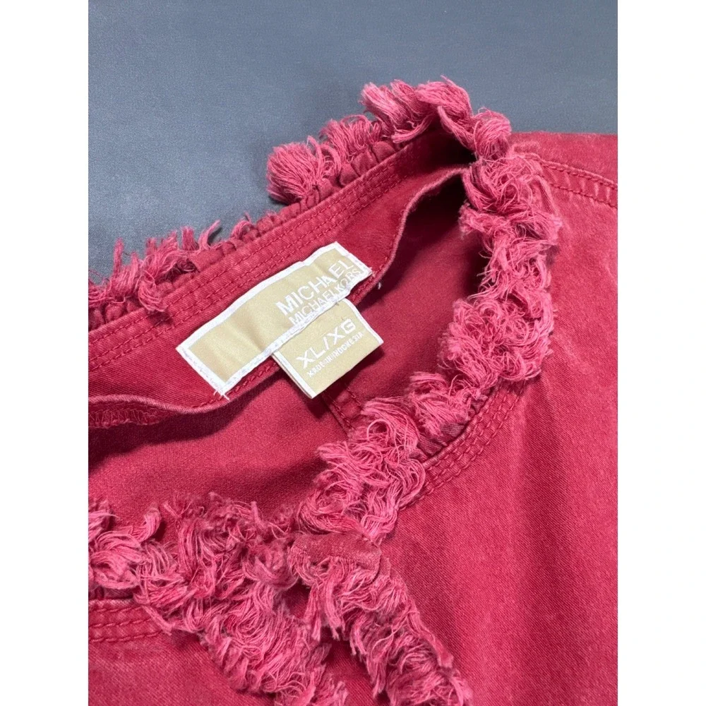 Michael Michael Kors Red Frayed Trim Denim Jacket XS Womens Collarless Utility